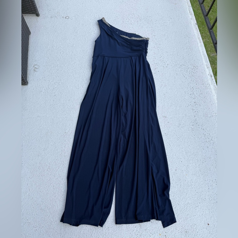 ADRIANNA PAPELL Beaded One-Shoulder Matte Jersey Jumpsuit In Midnight Size 16 - Picture 5 of 12